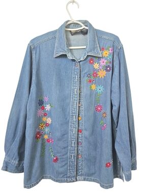 Cottagecore VTG 90s Silver Threads Floral Denim Button Up Grandma Chic Lg *see